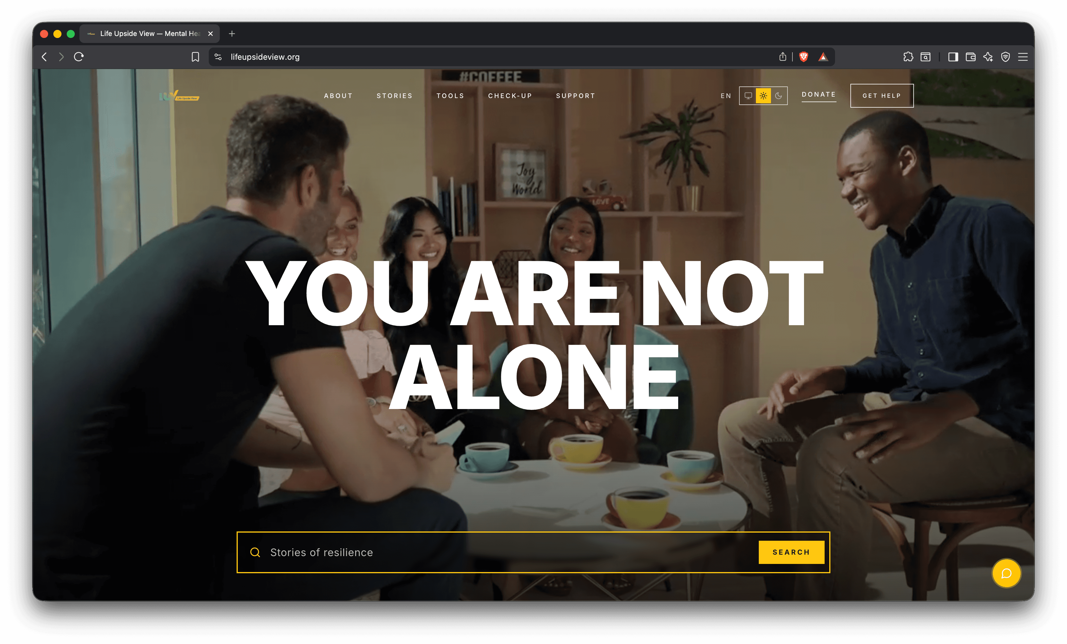 Life Upside View mental-health platform by Greyform — the “You are not alone” homepage